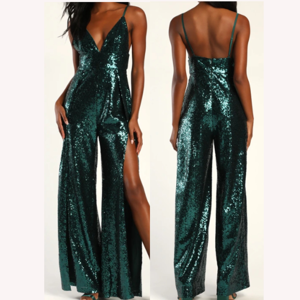 LULU'S S After Party Babe Emerald Green Sequin Wide-Leg Jumpsuit NEW B64